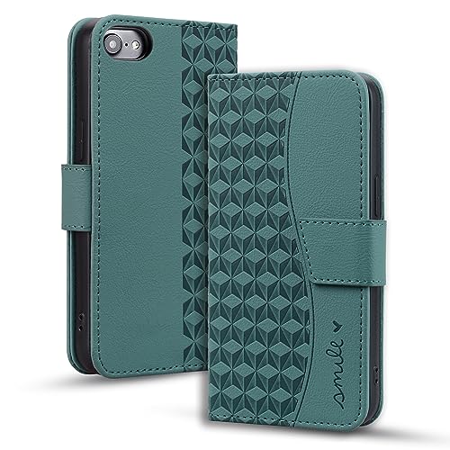 Hülle für Apple iPhone SE 2022 / iPhone SE 2020 / iPhone 8 / iPhone 7/ iPhone 6 6s Handyhülle PU Ledertasche Klapphülle Flip Book Case mit Stand Kartentasche [Soft TPU Cover], Rhombus Hülle Dunkelgrün von Vkooer