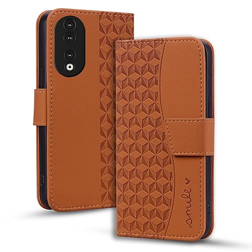 Hülle für Honor 90 Handyhülle PU Ledertasche Klapphülle Flip Book Case mit Kartentasche Standfunction [Soft TPU Cover] Honor 90 Magnetismus Hülle Rhombus Motive Orange von Vkooer