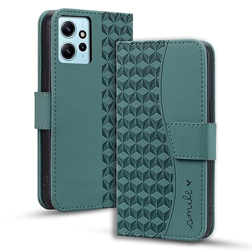 Hülle für Xiaomi Redmi Note 12 4G Handyhülle PU Ledertasche Klapphülle Flip Book Case mit Kartentasche Standfunction [Soft TPU Cover], Rhombus Motive Hülle für Redmi Note 12 Dunkelgrün von Vkooer