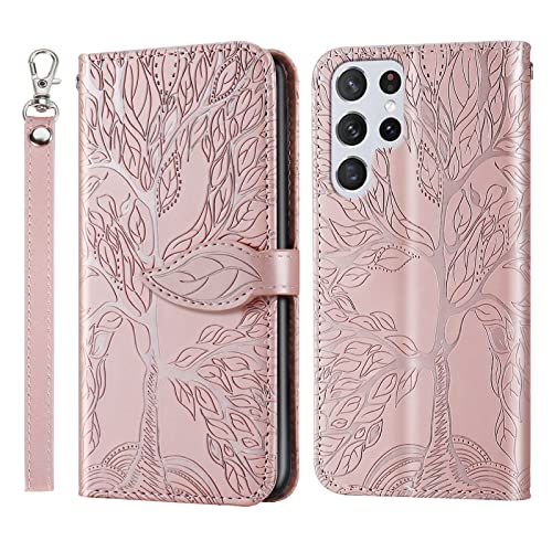 Vkooer Handyhülle für Samsung Galaxy S23 Ultra Hülle Leicht PU Leder Wallet Ständer Schutzhülle mit Kartenfächer Handschlaufe Magnetverschluss, Klapphülle für Galaxy S23 Ultra 5G - Roségold von Vkooer