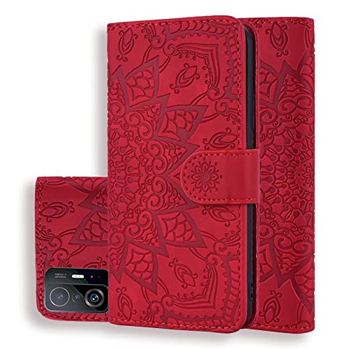 Vkooer Handyhülle für Xiaomi 11T 5G / 11T Pro 5G Hülle Kunstleder Klapphülle Flip Brieftasche Case Cover mit Tasche Kartenfächer Magnet Schutzhülle für Xiaomi 11T/11T Pro, Mandala Rot von Vkooer