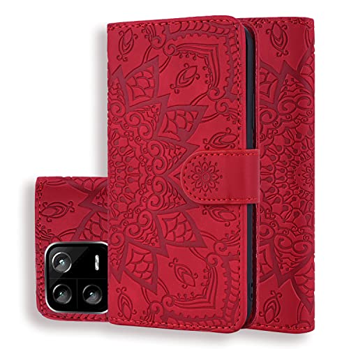 Vkooer Handyhülle für Xiaomi 13 Pro Hülle Premium PU Leder Magnet Klapphülle Brieftasche Schutzhülle Tasche Case Cover mit Ständer und Kartenfach für Xiaomi 13 Pro, Mandala Blumen Rot von Vkooer