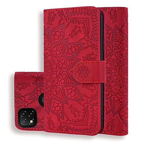 Vkooer Handyhülle für Xiaomi Redmi 9C / 9C NFC Hülle Kunstleder Klapphülle Flip Ständer Brieftasche Case Cover mit Tasche Kartenfächer Magnet Schutzhülle für Redmi 9C, Mandala Rot von Vkooer