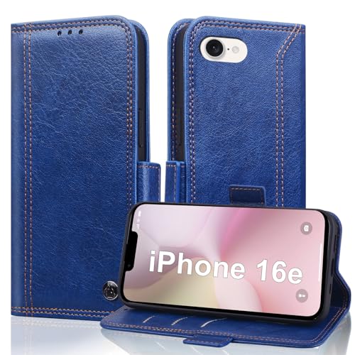 Vkooer Handyhülle für iPhone 16e 2025 Hülle, Premium Lederhülle Schutzhülle [Klappbar Ständer Kartenfach] [RFID Schutz] Klapphülle für iPhone 16e 2025 Flip Case Wallet Tasche Cover, Blau von Vkooer