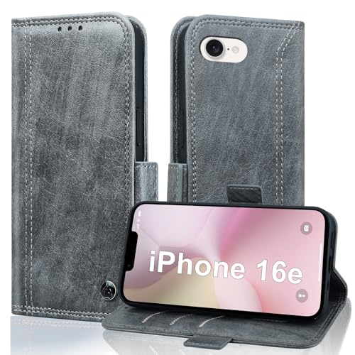Vkooer Handyhülle für iPhone 16e 2025 Hülle, Premium Lederhülle Schutzhülle [Klappbar Ständer Kartenfach] [RFID Schutz] Klapphülle für iPhone 16e 2025 Flip Case Wallet Tasche Cover, Grau von Vkooer