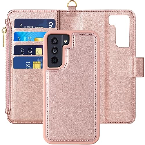 Vkooer Hülle Samsung Galaxy A54 5G, (2in1) Handyhülle Samsung A54 [Abnehmbare Magnetische] [RFID-Sperre] Tasche Stoßfeste Premium Leder Schutzhülle mit Reißverschluss Kartenfäch - Roségold von Vkooer