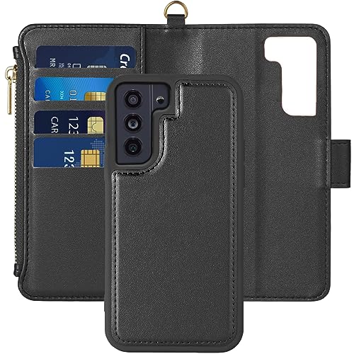 Vkooer Hülle Samsung Galaxy A54 5G, (2in1) Handyhülle Samsung A54 [Abnehmbare Magnetische] [RFID-Sperre] Tasche Stoßfeste Premium Leder Schutzhülle mit Reißverschluss Kartenfäch - Schwarz von Vkooer