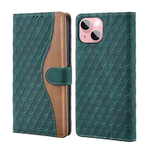 Vkooer Hülle für Apple iPhone 15 [6.1 Zoll] Handyhülle PU Ledertasche iPhone 15 Klapphülle Rhombus Motive Flip Magnetisch Schutzhülle Case mit Kartentasche Standfunction - Dunkelgrün von Vkooer
