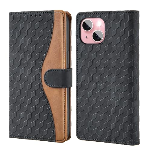 Vkooer Hülle für Apple iPhone 15 [6.1 Zoll] Handyhülle PU Ledertasche iPhone 15 Klapphülle Rhombus Motive Flip Magnetisch Schutzhülle Case mit Kartentasche Standfunction - Schwarz von Vkooer