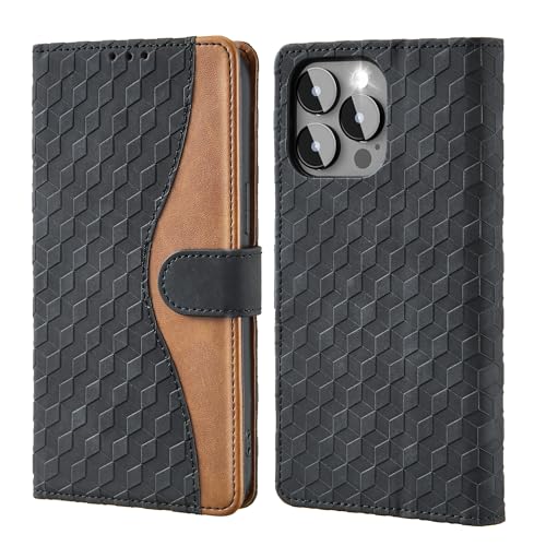 Vkooer Hülle für Apple iPhone 15 Pro Max [6.7 Zoll] Handyhülle PU Ledertasche iPhone 15 Pro Max Klapphülle Rhombus Motive Flip Magnetisch Schutzhülle Case mit Kartentasche - Schwarz von Vkooer