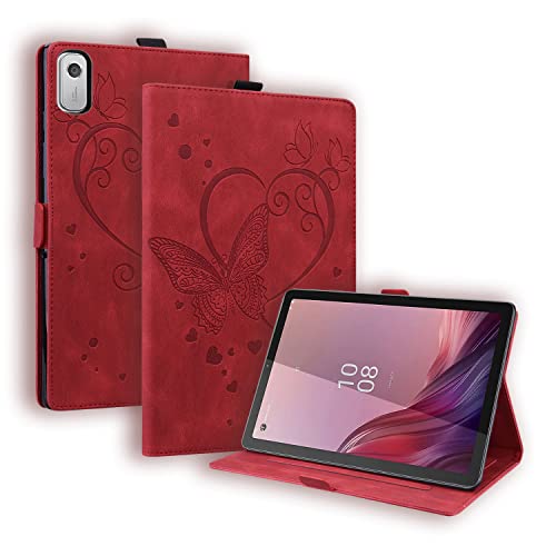 Vkooer Hülle für Lenovo Tab M9 HD (9,0 Zoll) TB-310FU Schutzhülle Flip PU Leder Case Tasche Cover mit Dokumentschlitze und Standfunktion für Lenovo Tab M9 Tablette 2023, Schmetterling Rot von Vkooer