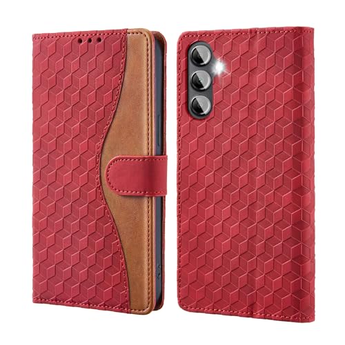 Vkooer Hülle für Samsung Galaxy A14 5G/4G Handyhülle PU Ledertasche Samsung A14 Klapphülle Rhombus Motive Flip Magnetisch Schutzhülle Case mit Kartentasche Standfunction - Rot von Vkooer