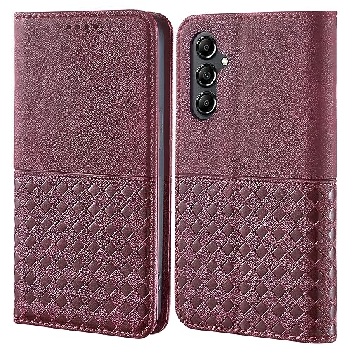 Vkooer Hülle für Samsung Galaxy A54 5G Handyhülle Lederhülle Klapphülle [Standfunktion] [Kartenfach] [Magnetverschluss] Tasche Case Checkered Telefonhülle Weinrot von Vkooer