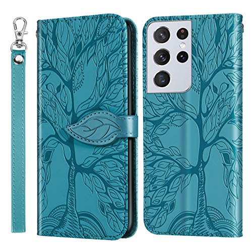 Vkooer Hülle für Samsung Galaxy S21 Ultra 5G Handyhülle PU Ledertasche Klapphülle Flip Brieftasche Case Cover mit Kartentasche Standfunction für Samsung S21 Ultra, Baum des Lebens Türkis von Vkooer