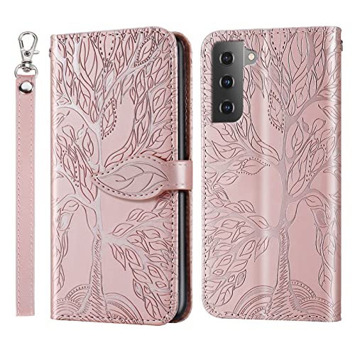 Vkooer Hülle für Samsung Galaxy S22 5G Handyhülle PU Ledertasche Klapphülle Flip Brieftasche Case Cover mit Kartenfächer Standfunction Magnetknopf Schutzhülle, Baum des Lebens Roségold von Vkooer