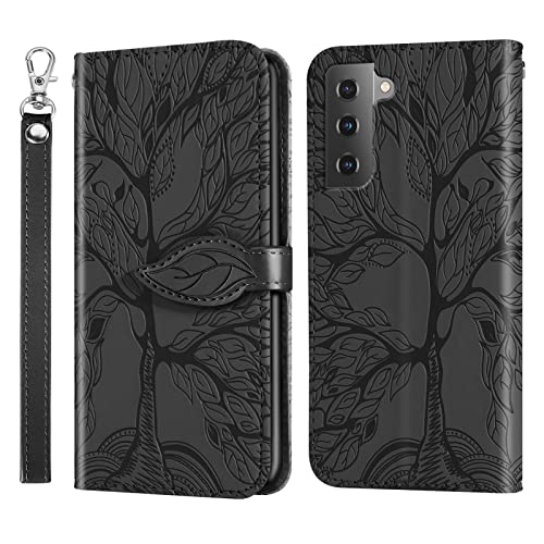 Vkooer Hülle für Samsung Galaxy S22 5G Handyhülle PU Ledertasche Klapphülle Flip Brieftasche Case Cover mit Kartenfächer Standfunction Magnetknopf Schutzhülle, Baum des Lebens Schwarz von Vkooer