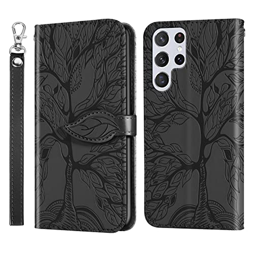 Vkooer Hülle für Samsung Galaxy S22 Ultra 5G Handyhülle PU Ledertasche Klapphülle Flip Brieftasche Case Cover mit Kartenfächer Standfunction Magnetknopf Schutzhülle, Baum des Lebens Schwarz von Vkooer