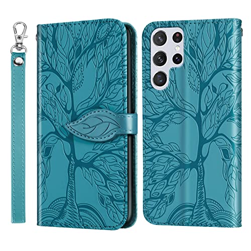 Vkooer Hülle für Samsung Galaxy S22 Ultra 5G Handyhülle PU Ledertasche Klapphülle Flip Brieftasche Case Cover mit Kartenfächer Standfunction Magnetknopf Schutzhülle, Baum des Lebens Türkis von Vkooer