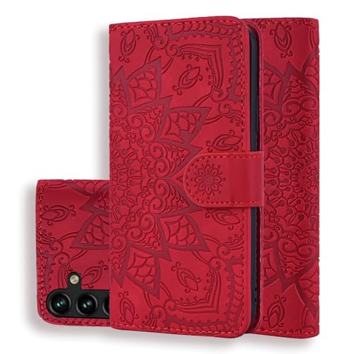 Vkooer Hülle für Samsung Galaxy S23 FE 5G Handyhülle PU Leder Schutzhülle Flip Brieftasche Mandala Case Phone Cover mit Tasche Standfunction Magnetische Klapphülle für Samsung S23 FE, Rot von Vkooer