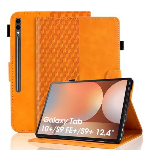 Vkooer Hülle für Samsung Galaxy Tab S10+ Plus 2024 /S9 FE+ Plus/S9+ Plus 2023 12.4 Zoll Schutzhülle PU Leder Tablet Taschen Flip Ständer Cover Case Würfel mit Stifthalter, Orange von Vkooer