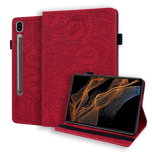 Vkooer Hülle für Samsung Galaxy Tab S8 Ultra 14,6 Zoll 2022 (SM-X900/X906) Schutzhülle PU Leder Flip Cover Case mit Kartentasche Stifthalter, für Samsung Tab S8 Ultra Tablette,Rot von Vkooer