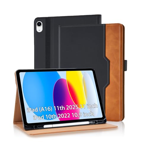 Vkooer Hülle für iPad (A16) 11. Generation 11'' 2025, iPad 10. Generation 10,9'' 2022 mit Stifthalter Premium PU Leder Schutzhülle Tasche Cover Case mit Auto Schlaf/Aufwach Kartentasche - Schwarz von Vkooer
