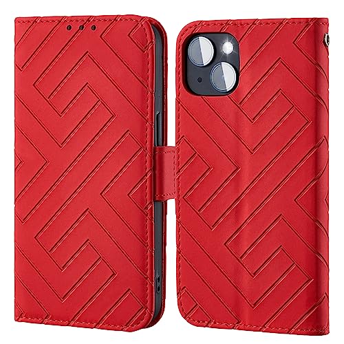 Vkooer Hülle für iPhone 14/ iPhone 13 (6.1 Zoll) Handyhülle Lederhülle Klapphülle [Standfunktion] [Kartenfach] [Magnetverschluss] Tasche Case Telefonhülle Linienmuster Schutzhülle - Rot von Vkooer
