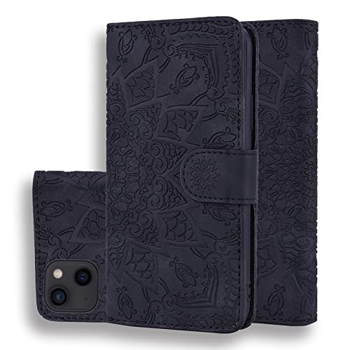 Vkooer Hülle für iPhone 15 Handyhülle [6,1 Zoll] Leicht PU Leder Klapphülle Flip Brieftasche Magnetische Case mit Kartentasche Standfunktion Blumen Muster Schutzhülle für iPhone 15, Schwarz von Vkooer