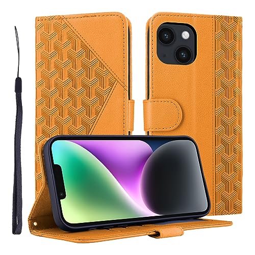 Vkooer Hülle für iPhone 15 Handyhülle [6,1 Zoll] PU Ledertasche Klapphülle Flip Brieftasche Case Cover mit Kartentasche Standfunction und Magnetverschluss für iPhone 15 Smartphone - Orange von Vkooer