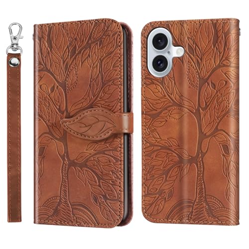 Vkooer Hülle für iPhone 16 Handyhülle [6,1 Zoll] Leicht PU Leder Klapphülle Flip Brieftasche Magnetische Case mit Kartentasche Standfunktion, Baum des Lebens Schutzhülle für iPhone 16, Braun von Vkooer