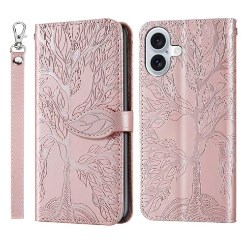 Vkooer Hülle für iPhone 16 Handyhülle [6,1 Zoll] Leicht PU Leder Klapphülle Flip Brieftasche Magnetische Case mit Kartentasche Standfunktion, Baum des Lebens Schutzhülle für iPhone 16, Roségold von Vkooer