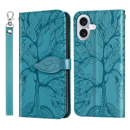 Vkooer Hülle für iPhone 16 Handyhülle [6,1 Zoll] Leicht PU Leder Klapphülle Flip Brieftasche Magnetische Case mit Kartentasche Standfunktion, Baum des Lebens Schutzhülle für iPhone 16, Türkis von Vkooer
