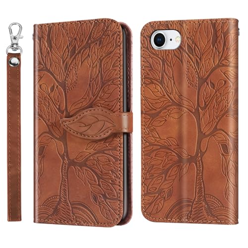 Vkooer Hülle für iPhone 16e Handyhülle [6,1 Zoll] Leicht PU Leder Klapphülle Flip Brieftasche Magnetische Case mit Kartentasche Standfunktion, Baum des Lebens Schutzhülle für iPhone 16e, Braun von Vkooer