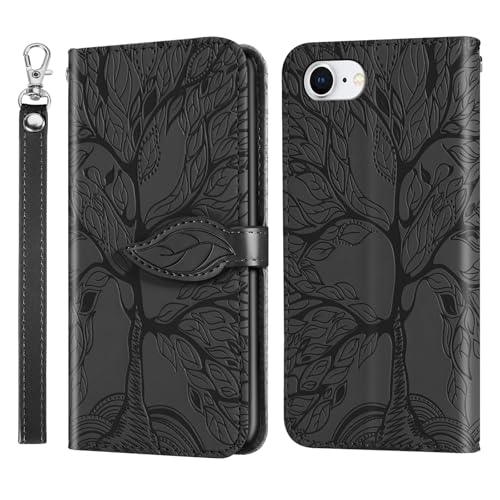 Vkooer Hülle für iPhone 16e Handyhülle [6,1 Zoll] Leicht PU Leder Klapphülle Flip Brieftasche Magnetische Case mit Kartentasche Standfunktion, Baum des Lebens Schutzhülle für iPhone 16e, Schwarz von Vkooer