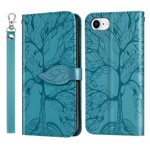 Vkooer Hülle für iPhone 16e Handyhülle [6,1 Zoll] Leicht PU Leder Klapphülle Flip Brieftasche Magnetische Case mit Kartentasche Standfunktion, Baum des Lebens Schutzhülle für iPhone 16e, Türkis von Vkooer