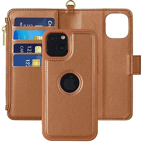 Vkooer Hülle iPhone 12 / iPhone 12 Pro 6.1 Zoll, (2in1) Premium Leder Handyhülle [Abnehmbare Magnetische] [RFID-Sperre] Tasche Stoßfeste Schutzhülle mit Reißverschluss Kartenfäch - Braun von Vkooer