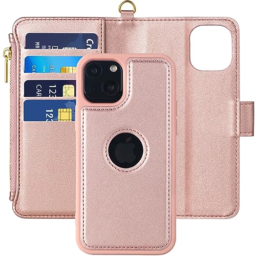 Vkooer Hülle iPhone 15 Pro 6.1 Zoll, (2in1) Handyhülle iPhone 15 Pro [Abnehmbare Magnetische] [RFID-Sperre] Tasche Stoßfeste Premium Leder Schutzhülle mit Reißverschluss Kartenfäch- Roségold von Vkooer