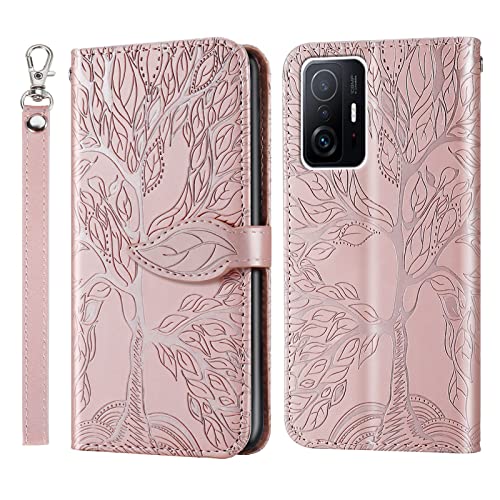 Vkooer Klapphülle für Xiaomi 11T Pro/ 11T Hülle Premium PU Leder Schutzhülle Flip Brieftasche Case Cover mit Tasche Magnetschnalle Handyhülle für Xiaomi 11T Pro/ 11T, Lebensbaum Roségold von Vkooer