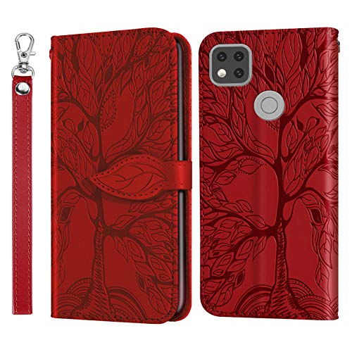 Vkooer Klapphülle für Xiaomi Redmi 9C / 9C NFC Hülle Premium PU Leder Schutzhülle Flip Brieftasche Case Cover mit Tasche Magnetschnalle Handyhülle für Xiaomi Redmi 9C, Lebensbaum Rot von Vkooer