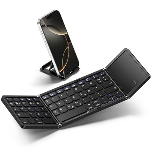 Vobafe Bluetooth Faltbare Tastatur mit Touchpad Kabellose Klappbare, Tragbare Mini Tastatur mit 3 Bluetooth-Kanälen für iOS, Android, Windows, Laptop PC Tablet, QWERTZ Layout, Schwarz von Vobafe
