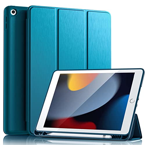 Vobafe Hülle Kompatibel mit iPad 9 8 7 Generation(10.2 Zoll, Model 2021/2020/2019,9./8./7.), Weiche TPU Rückseite Abdeckung Klappständer Schutzhülle mit Stifthalter, Auto Schlafen/Wachen Pfauenblau von Vobafe
