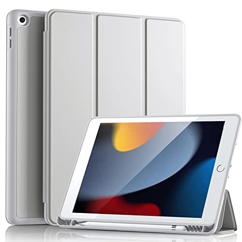 Vobafe Hülle Kompatibel mit iPad 9 8 7 Generation(10.2 Zoll, Model 2021/2020/2019,9./8./7.), Weiche TPU Rückseite Abdeckung Klappständer Schutzhülle mit Stifthalter, Auto Schlafen/Wachen Hellgrau von Vobafe