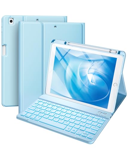 Vobafe Hülle mit Tastatur Kompatibel für iPad 9./ 8. /7. Generation 10.2 Zoll mit Stifthalter, Magnetisch 7 Farben Beleuchtung, Wiederaufladbar Abnehmbarer QWERTZ iPad Tastatur, Hellblau von Vobafe