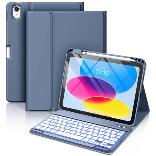 Vobafe Hülle mit Tastatur für iPad A16 11/10 Generation (2025/2022, 11/10.9 Zoll)- 7 Farben Beleuchtete Magnetische Abnehmbare Keyboard Schutzhülle mit Stifthalter für iPad 11. /10. Gen, Blau Grau von Vobafe