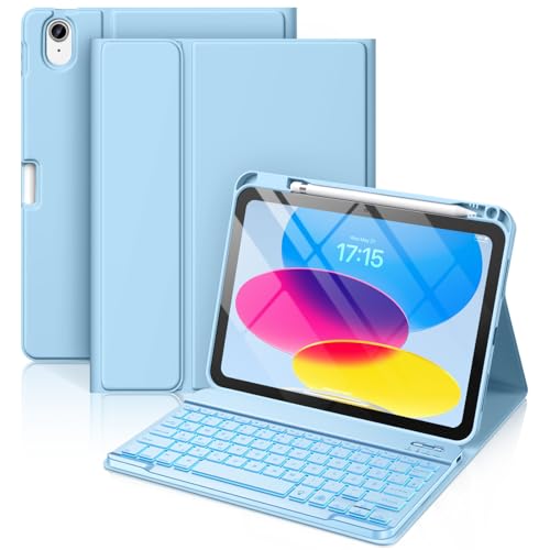 Vobafe Hülle mit Tastatur für iPad A16 11/10 Generation (2025/2022, 11/10.9 Zoll)- 7 Farben Beleuchtete Magnetische Abnehmbare Keyboard Schutzhülle mit Stifthalter für iPad 11. /10. Gen, Hell Blau von Vobafe
