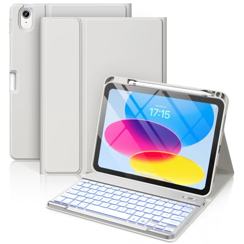 Vobafe Hülle mit Tastatur für iPad A16 11/10 Generation (2025/2022, 11/10.9 Zoll)- 7 Farben Beleuchtete Magnetische Abnehmbare Keyboard Schutzhülle mit Stifthalter für iPad 11. /10. Gen, Hell Grau von Vobafe