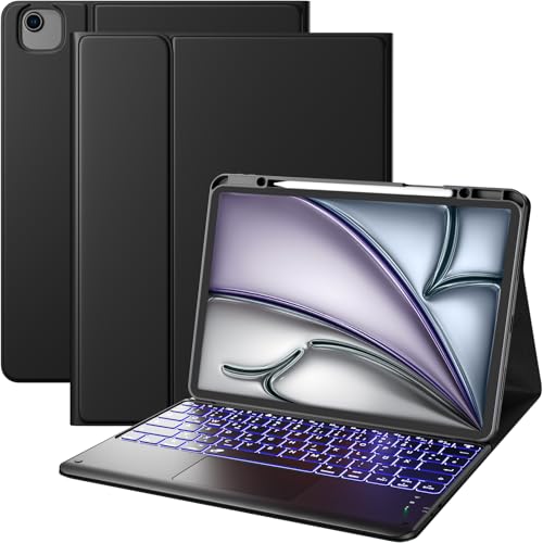 Vobafe Hülle mit Tastatur für iPad Air 13 Zoll 2025 M3/2024 M2, iPad Pro 12.9 (3. 4. 5. 6. Gen), QWERTZ Keyboard Multi-Touch Trackpad 7 Farben Beleuchtung, Pflegeleicht, mit Stifthalter, Schwarz von Vobafe