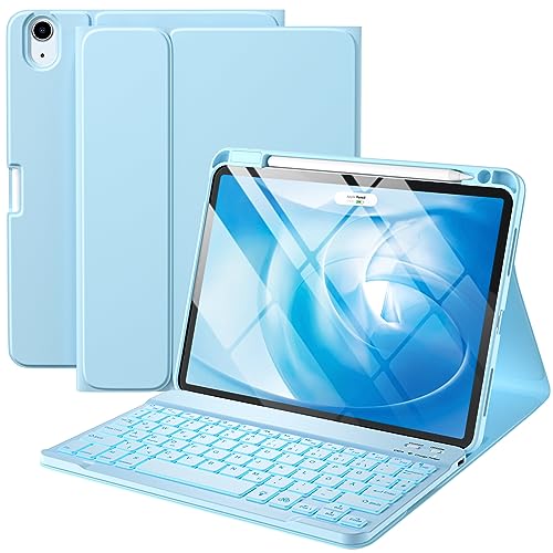 Vobafe Hülle mit Tastatur für iPad Air 5 2022 / Air 4 2020 (10,9 Zoll), Schutzhülle mit TPU Rückschale, magnetisch Abnehmbarer Tastatur mit Stifthalter, QWERTZ Layout, Hellblau von Vobafe