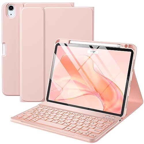 Vobafe Hülle mit Tastatur für iPad Air 5 2022 / Air 4 2020 (10,9 Zoll), Schutzhülle mit TPU Rückschale, magnetisch Abnehmbarer Tastatur mit Stifthalter, QWERTZ Layou, Rosa von Vobafe