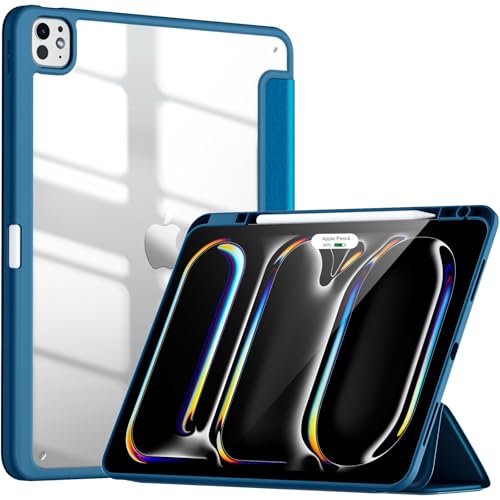 Vobafe Transparente Hülle Kompatibel mit iPad Pro 13 Zoll M4 2024 mit Stifthalter, Stoßfeste TPU-Abdeckung mit klarem Rückgehäuse, Auto Aufwach/Schlaf, Pfauenblau von Vobafe